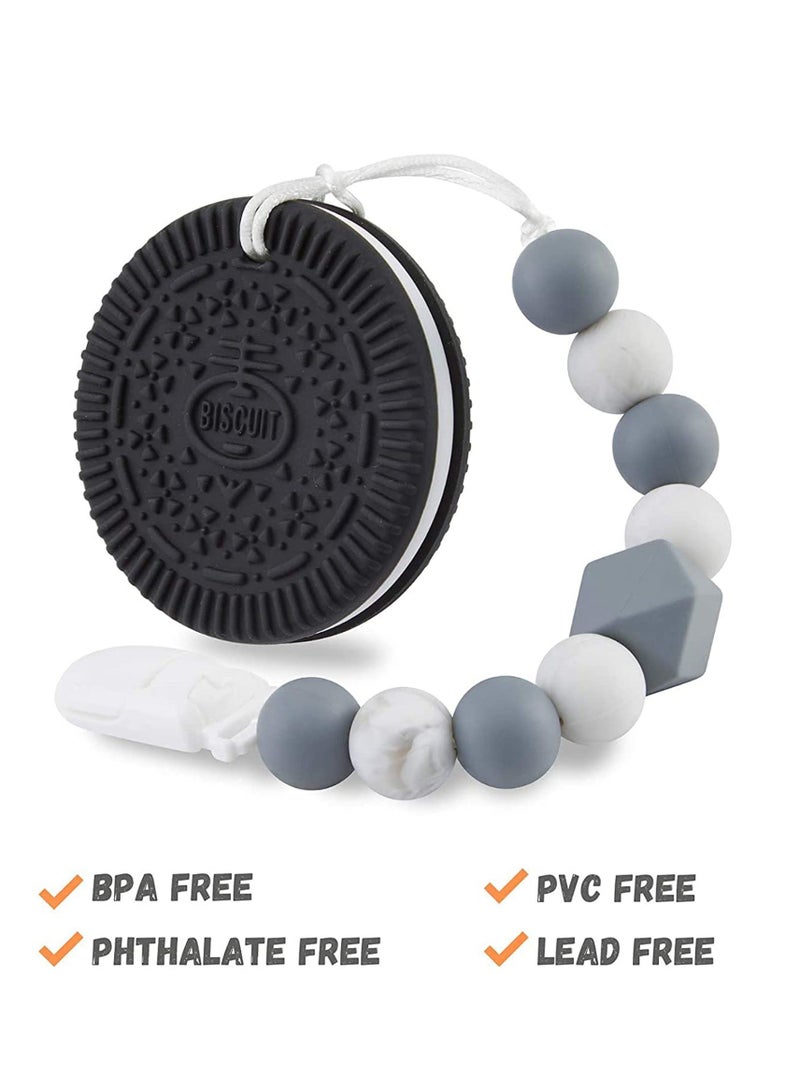 Baby Teething Toys for 3-6 6-12 Months Babies, Silicone Teethers with Relief Beads Binky Holder and Pacifier Clips, Cookie Design Boys Girls (Black)