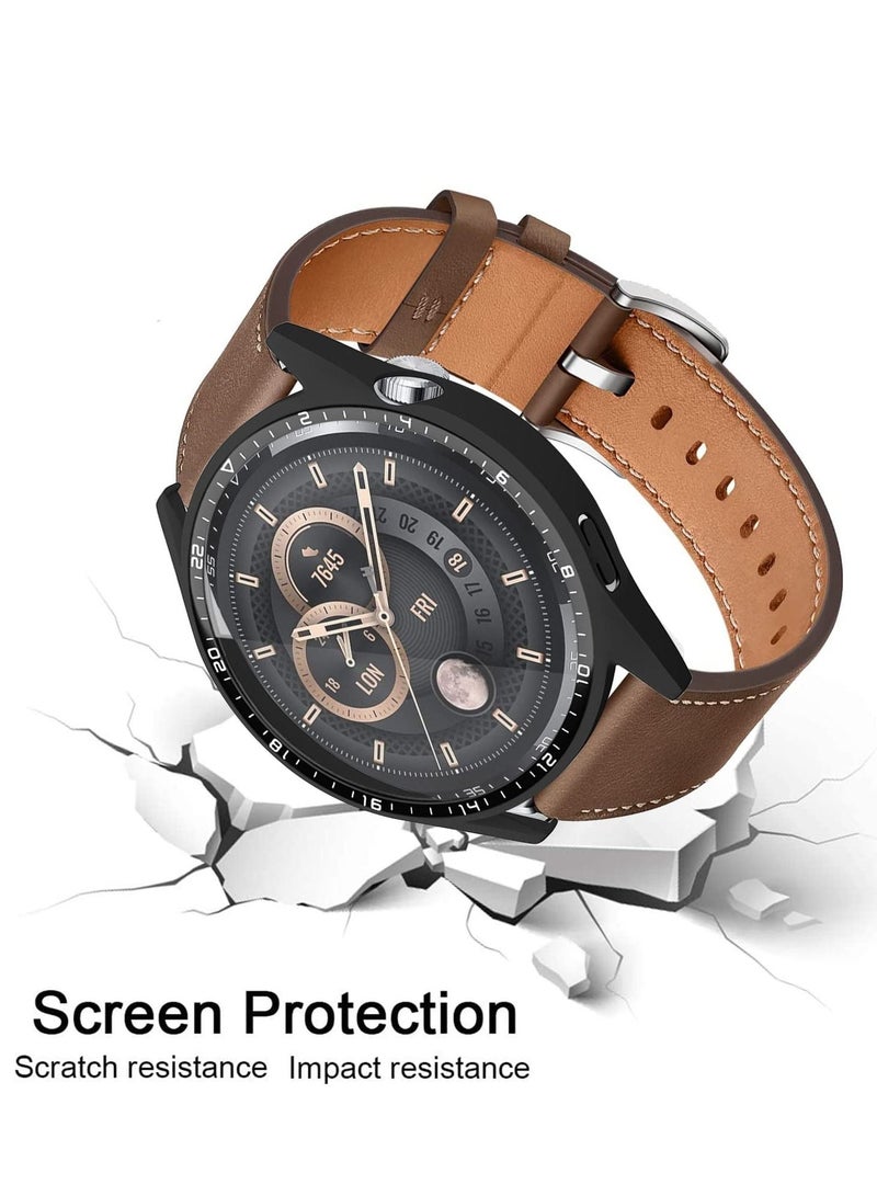 2 Pack Cover Case with Tempered Glass Screen Protector Compatible for Huawei Watch GT3 46mm, 9H Hardness 360° All-Round Protective Ultra Thin PC Black