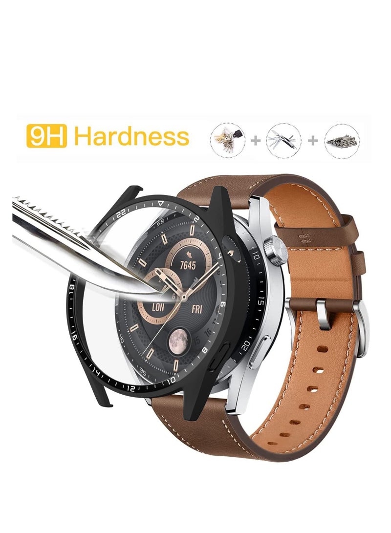 2 Pack Cover Case with Tempered Glass Screen Protector Compatible for Huawei Watch GT3 46mm, 9H Hardness 360° All-Round Protective Ultra Thin PC Black
