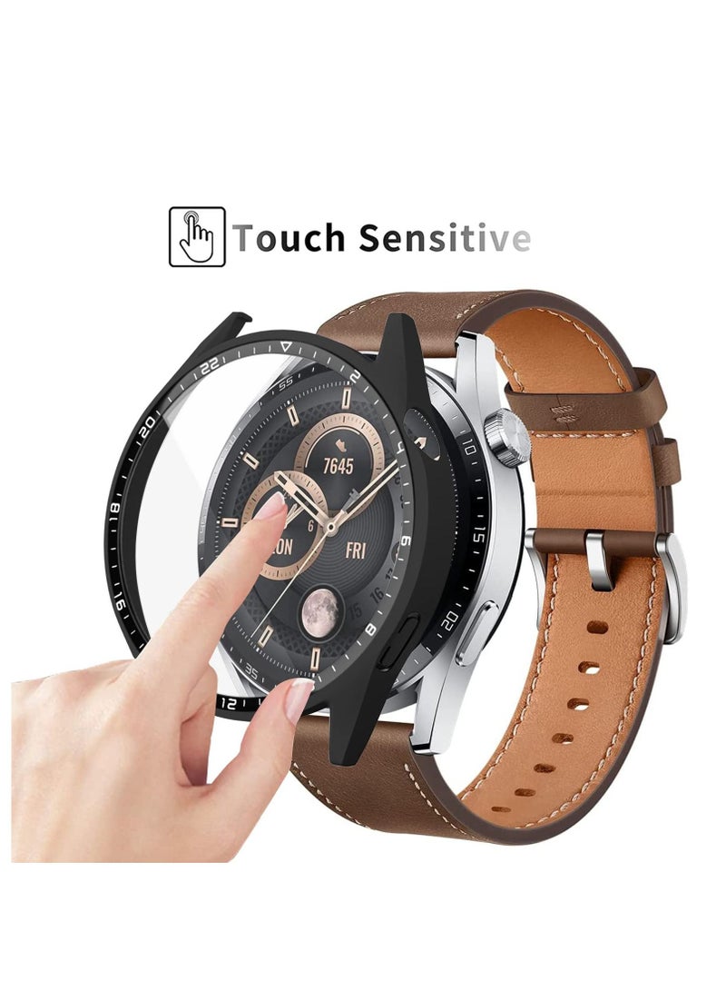 2 Pack Cover Case with Tempered Glass Screen Protector Compatible for Huawei Watch GT3 46mm, 9H Hardness 360° All-Round Protective Ultra Thin PC Black