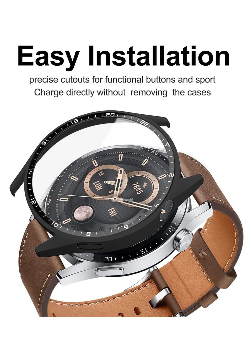 2 Pack Cover Case with Tempered Glass Screen Protector Compatible for Huawei Watch GT3 46mm, 9H Hardness 360° All-Round Protective Ultra Thin PC Black