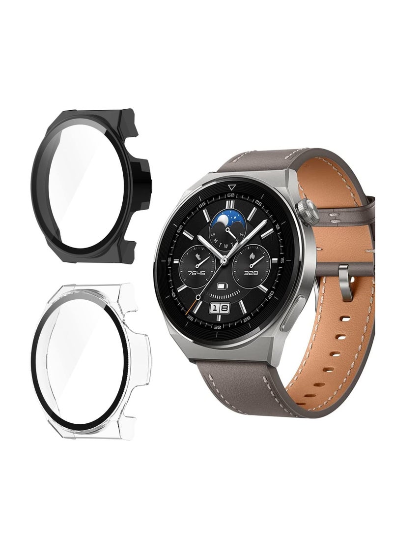 Case for Huawei Watch GT3 Pro 46mm 2Pack All Around Ultra Thin Fit Anti Scratch Flexible Frame Shockproof Hard PC Cover with Tempered Glass Screen Protector