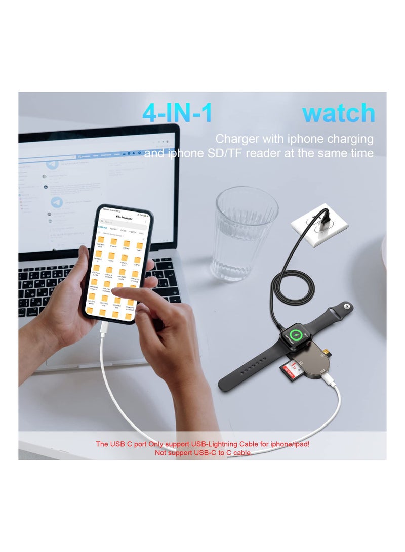 4-in-1 Charger Fit for Apple Watch +SD/TF Card Reader iPhone/iPad,4FT Portable iWatch Magnetic Cable Series SE/8/7/6/5 with SD/Micro SD Slot and USB C Port OTG iPhone/ipad