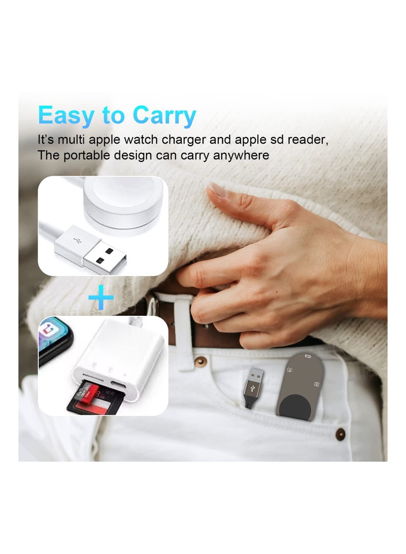 4-in-1 Charger Fit for Apple Watch +SD/TF Card Reader iPhone/iPad,4FT Portable iWatch Magnetic Cable Series SE/8/7/6/5 with SD/Micro SD Slot and USB C Port OTG iPhone/ipad