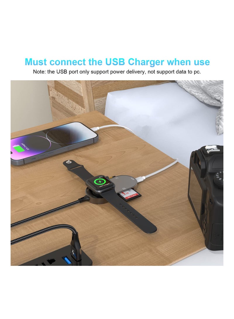 4-in-1 Charger Fit for Apple Watch +SD/TF Card Reader iPhone/iPad,4FT Portable iWatch Magnetic Cable Series SE/8/7/6/5 with SD/Micro SD Slot and USB C Port OTG iPhone/ipad