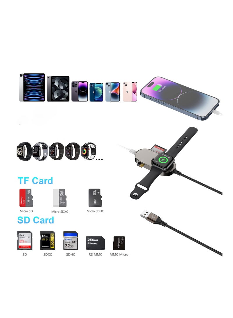 4-in-1 Charger Fit for Apple Watch +SD/TF Card Reader iPhone/iPad,4FT Portable iWatch Magnetic Cable Series SE/8/7/6/5 with SD/Micro SD Slot and USB C Port OTG iPhone/ipad