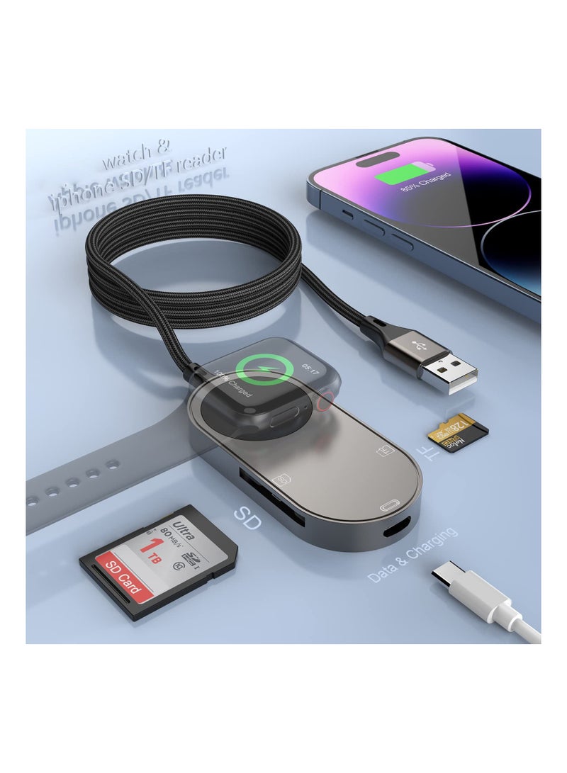 4-in-1 Charger Fit for Apple Watch +SD/TF Card Reader iPhone/iPad,4FT Portable iWatch Magnetic Cable Series SE/8/7/6/5 with SD/Micro SD Slot and USB C Port OTG iPhone/ipad