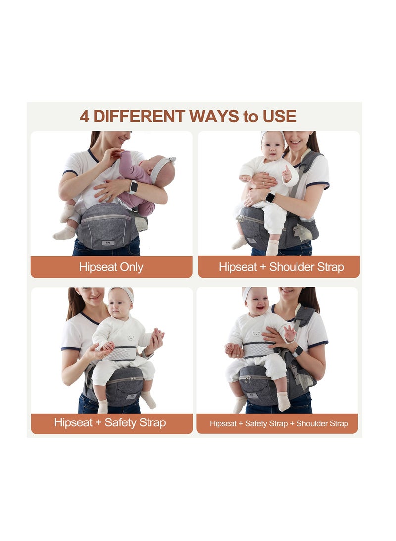 Baby Carrier with Hip Seat, Newborn to Toddler, Adjustable Holder Carrier, Ergonomic Soft for 8-45lb, 0-36 Months (Gray)