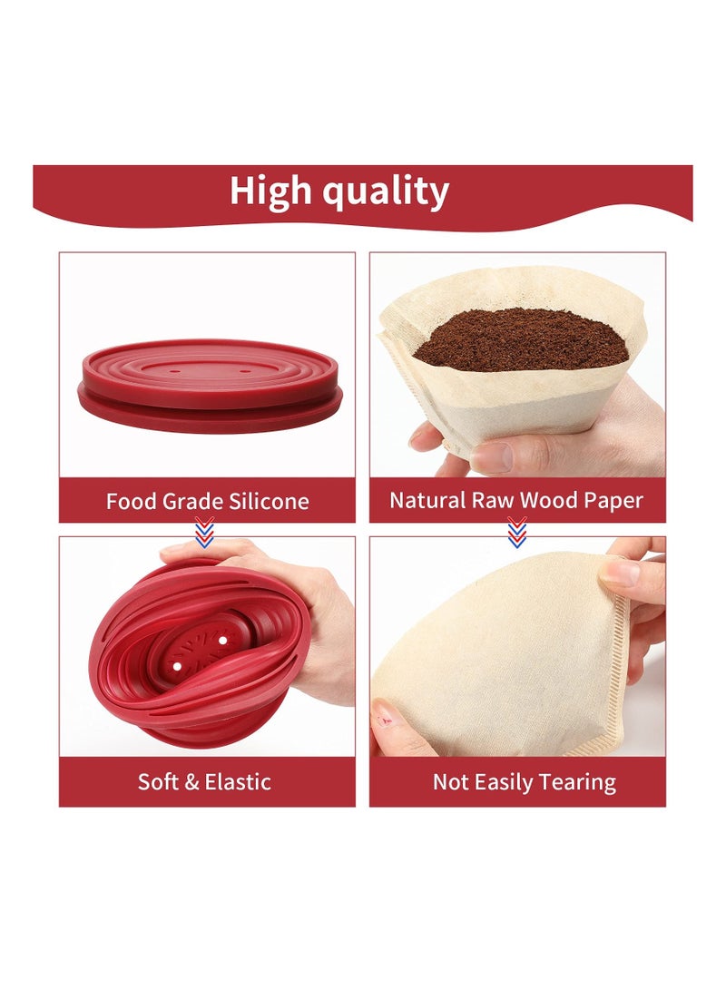 Collapsible Coffee Dripper, Easy Red Manual Brew Maker, with 40 PCS Unbleached Paper Filters Filter, Reusable Silicone for Hiking, Camping, Home, Office (2PCS)