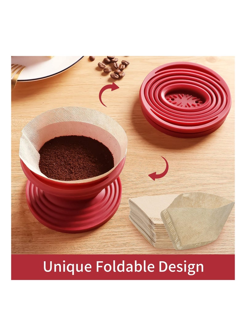 Collapsible Coffee Dripper, Easy Red Manual Brew Maker, with 40 PCS Unbleached Paper Filters Filter, Reusable Silicone for Hiking, Camping, Home, Office (2PCS)