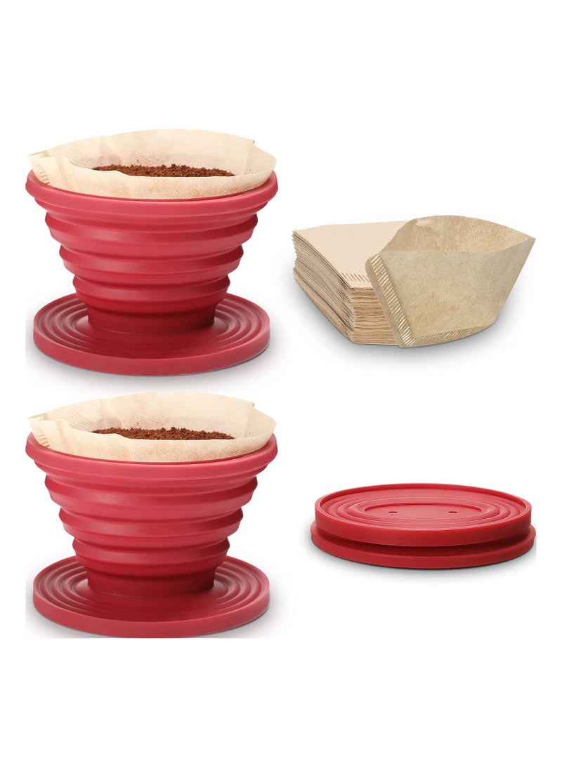 Collapsible Coffee Dripper, Easy Red Manual Brew Maker, with 40 PCS Unbleached Paper Filters Filter, Reusable Silicone for Hiking, Camping, Home, Office (2PCS)