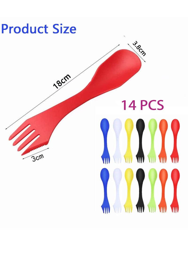 Reusable Camping Cutlery, Lightweight and Durable Plastic Spoon Fork Knife Set for Backpacking, Hiking, Outdoor Adventures, 14 Pack, 7 Colors