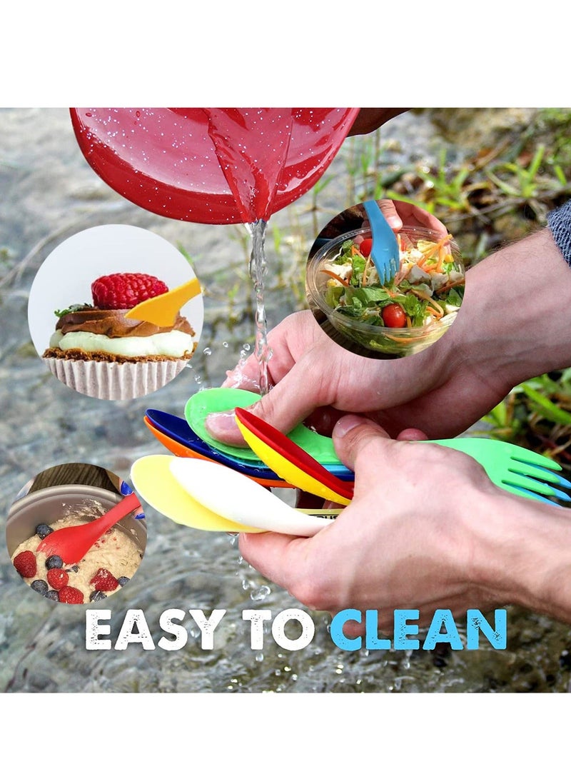 Reusable Camping Cutlery, Lightweight and Durable Plastic Spoon Fork Knife Set for Backpacking, Hiking, Outdoor Adventures, 14 Pack, 7 Colors