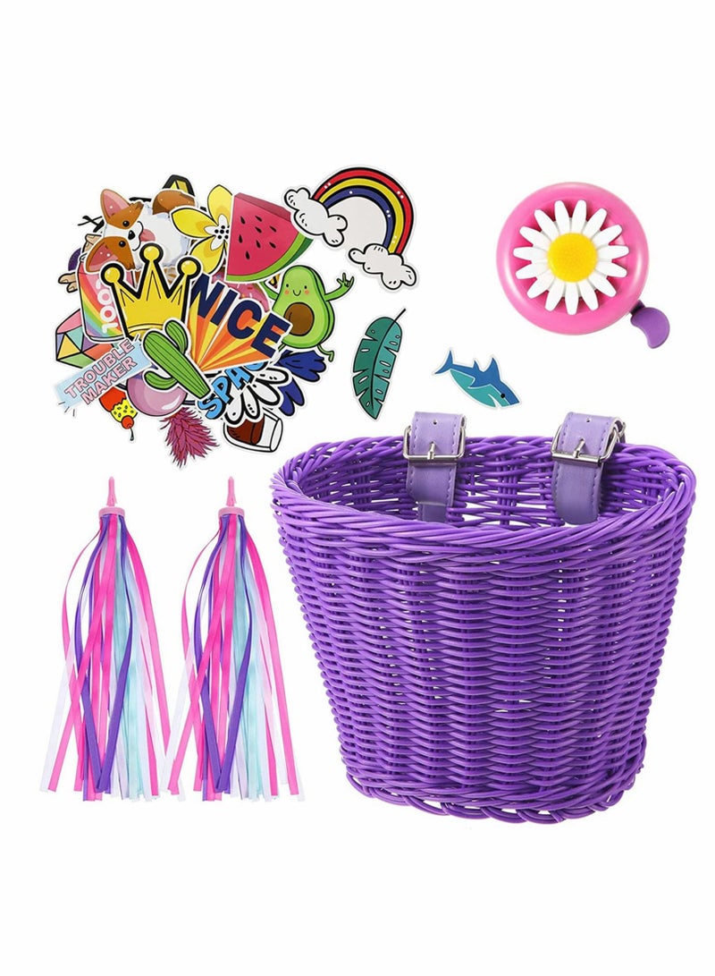 Bicycle Basket for Kid, Unicorn Children's Bike Handlebar Wicker Streamers Bell and Stickers, Front Decoration Girls