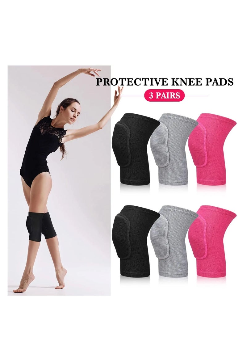 3 Pairs Dance Knee Pad Volleyball Pads, with Sponge Protector Guards, for Adult Kids Sports Football Gym Skating Yoga Pole Floor Non-slip Elastic Padded Brace Support