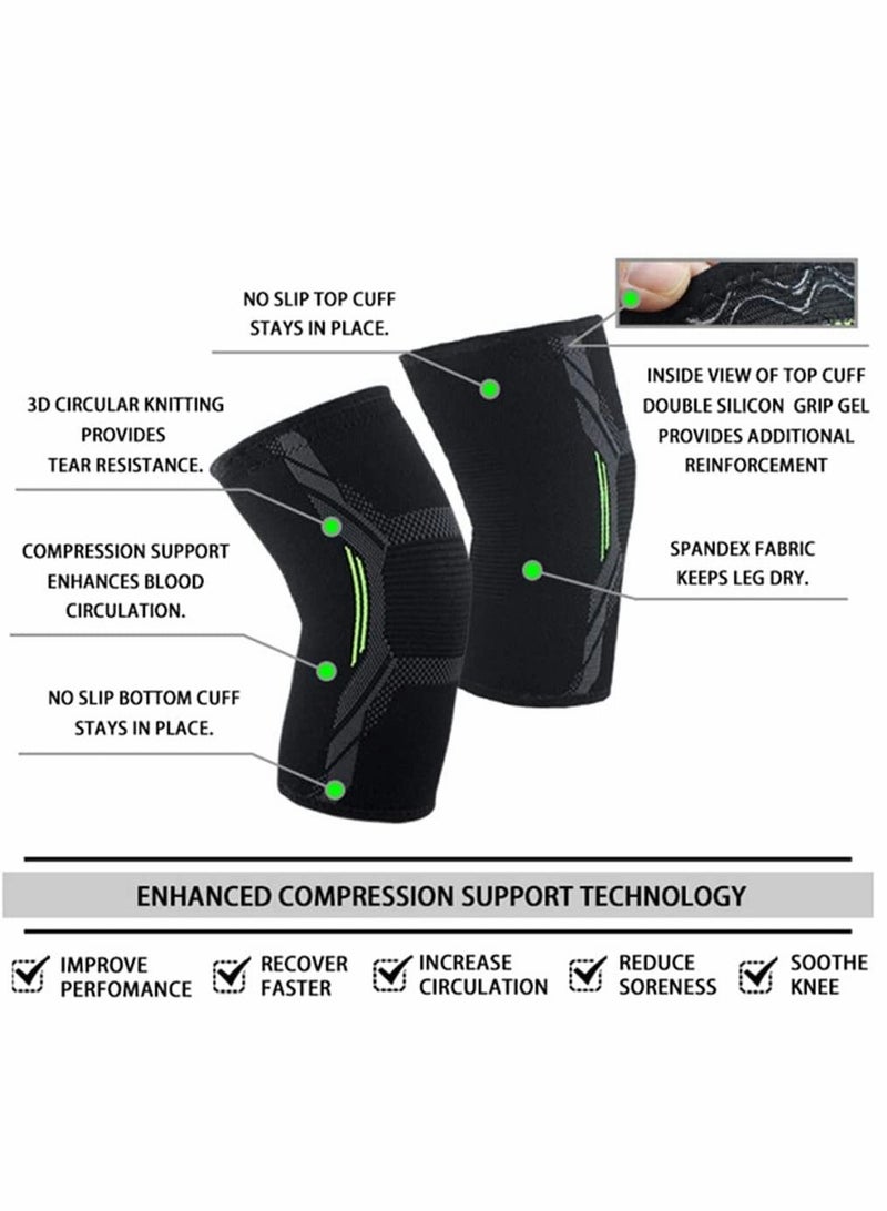 Knee Brace, 2 Pcs Support Brace for Men & Women, Compression Sleeve Running, Pain Relief (Large, Black Green)