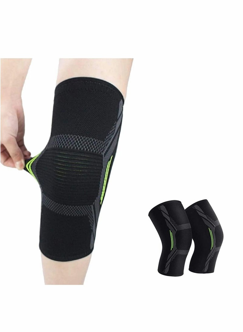 Knee Brace, 2 Pcs Support Brace for Men & Women, Compression Sleeve Running, Pain Relief (Large, Black Green)