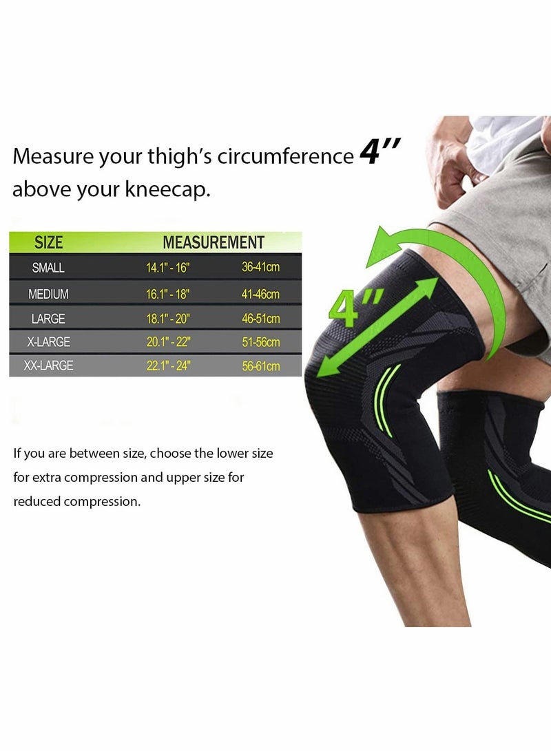Knee Brace, 2 Pcs Support Brace for Men & Women, Compression Sleeve Running, Pain Relief (Large, Black Green)