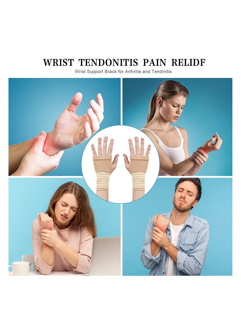 2Pcs Wrist Brace Elastic Support with Strap Ideal for Sprains Injury or Sports Use no Metal bar Without inhibiting Flexibility Left Right Beige