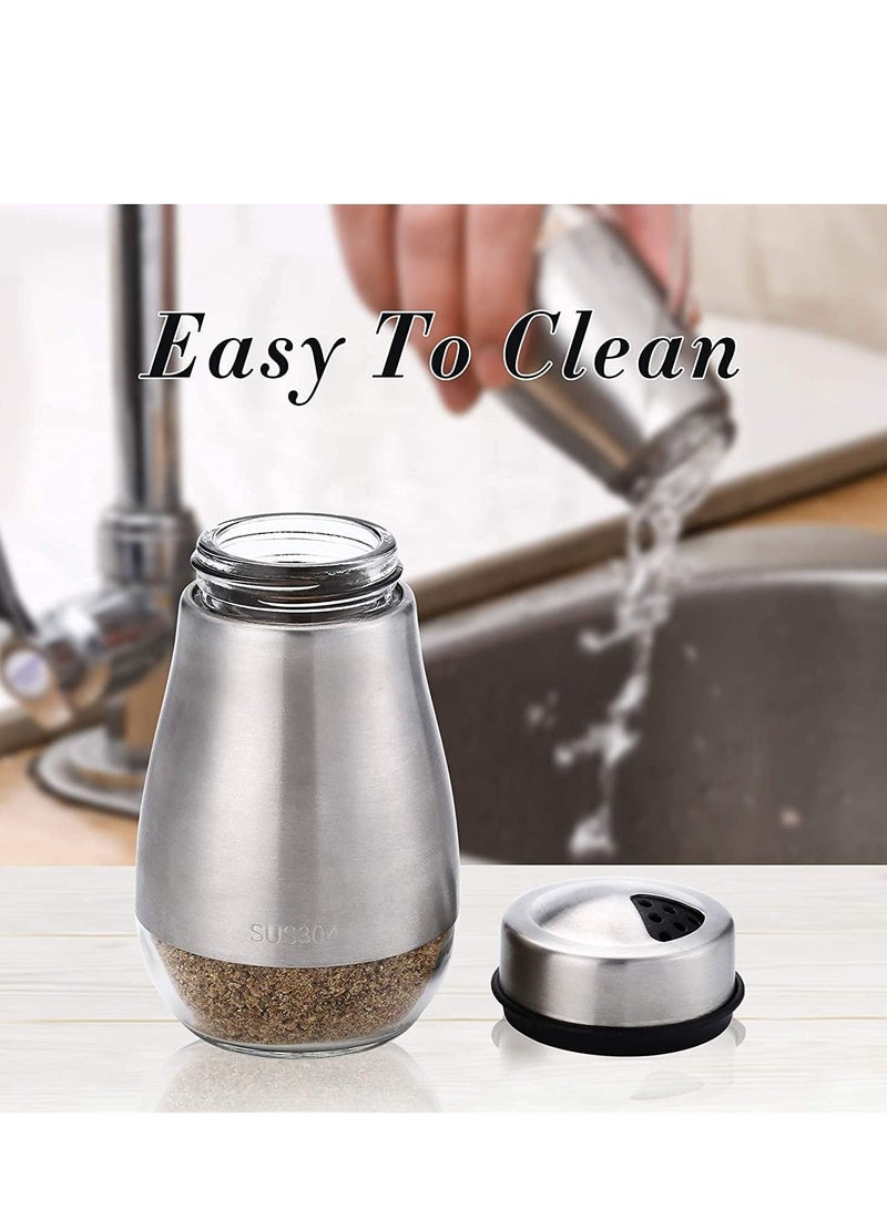 Salt and Pepper Shakers Set - Shaker with Adjustable Pour Holes 304 Stainless Steel Glass Spice Dispenser Refillable Perfect for Black, Kosher, Sea Salts Seasoning 2pcs