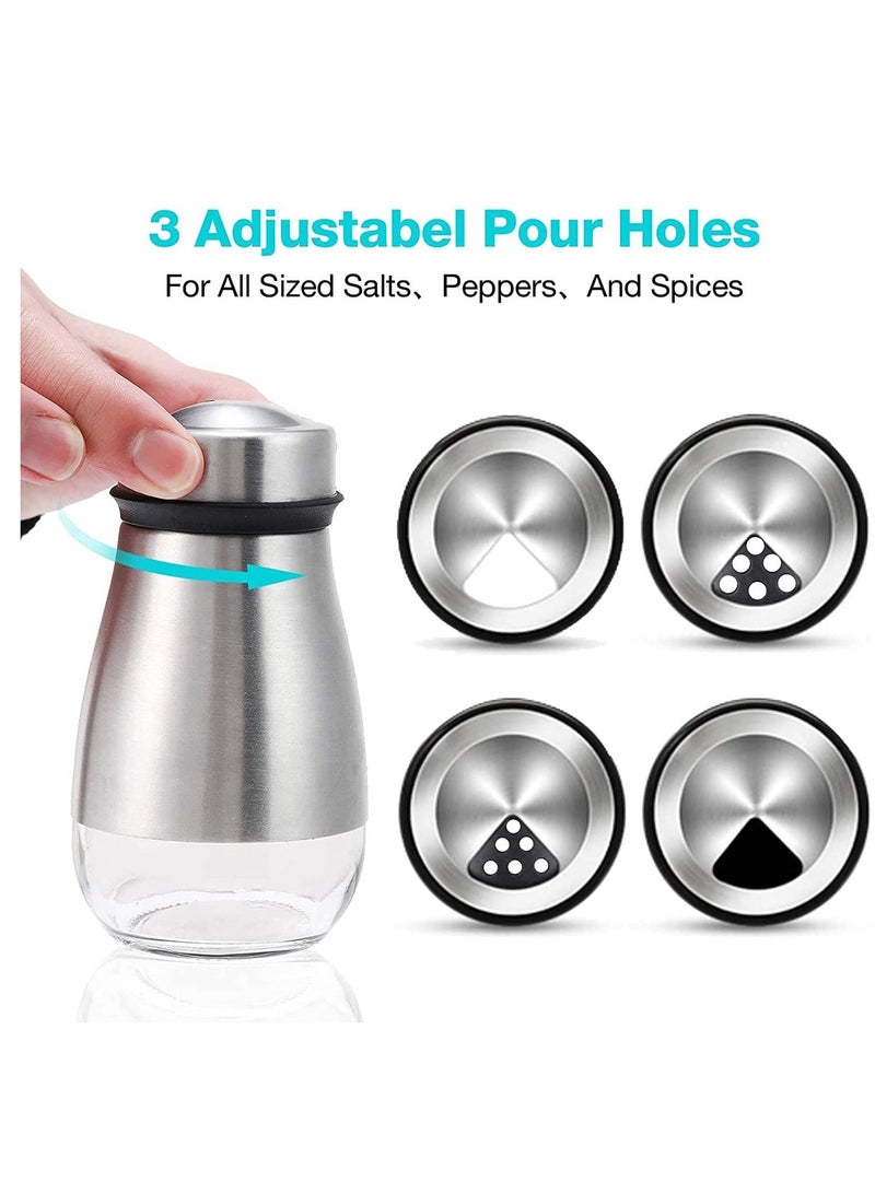 Salt and Pepper Shakers Set - Shaker with Adjustable Pour Holes 304 Stainless Steel Glass Spice Dispenser Refillable Perfect for Black, Kosher, Sea Salts Seasoning 2pcs