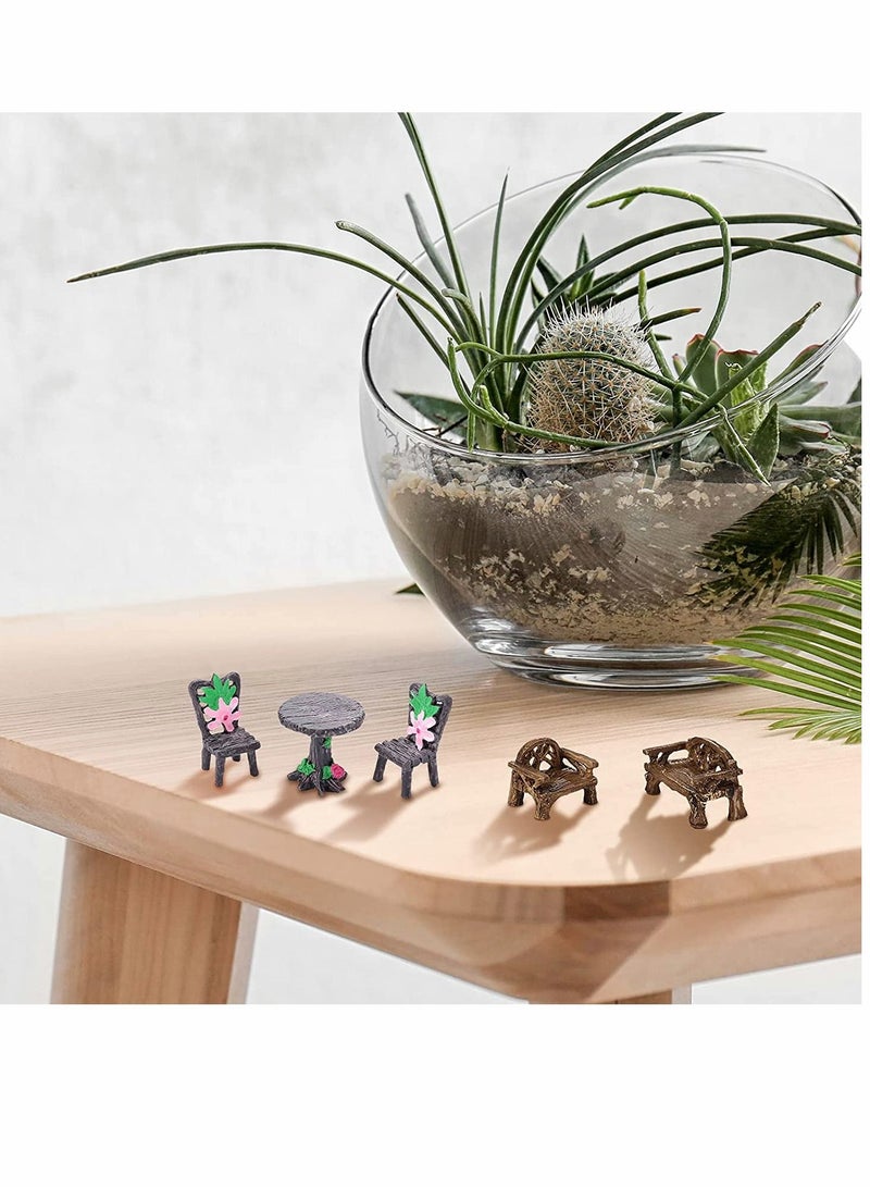 Fairy Garden, Furniture Ornaments, Miniature Table and Chairs Set, Village Micro Resin Bench Chair, for Dollhouse Accessories Home Landscape Decoration 12 Pieces (Cute Style)