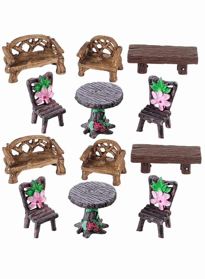 Fairy Garden, Furniture Ornaments, Miniature Table and Chairs Set, Village Micro Resin Bench Chair, for Dollhouse Accessories Home Landscape Decoration 12 Pieces (Cute Style)