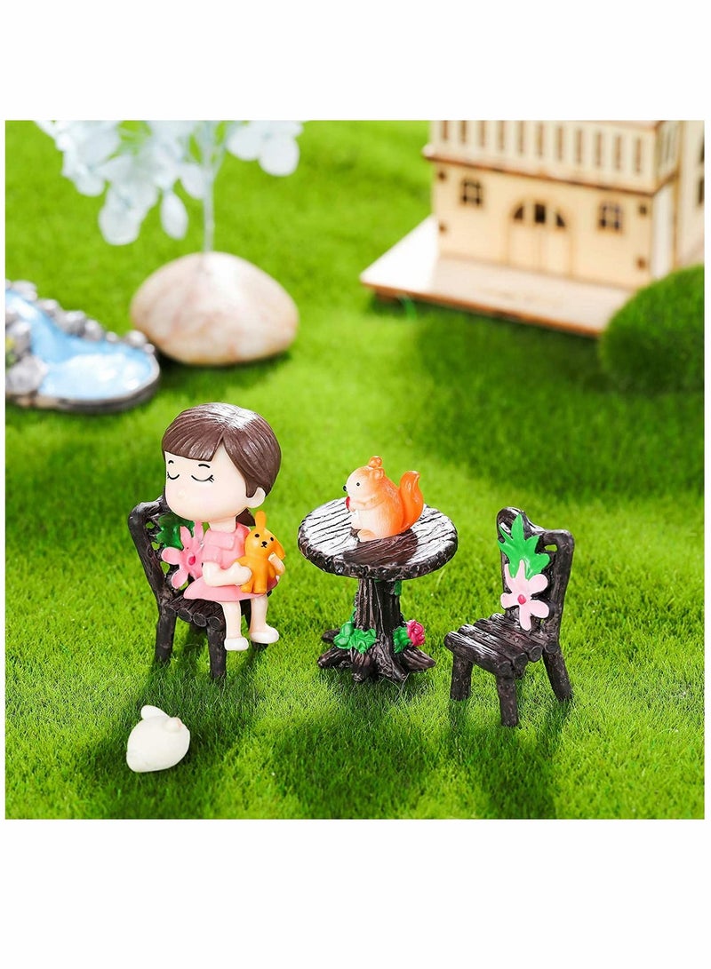 Fairy Garden, Furniture Ornaments, Miniature Table and Chairs Set, Village Micro Resin Bench Chair, for Dollhouse Accessories Home Landscape Decoration 12 Pieces (Cute Style)