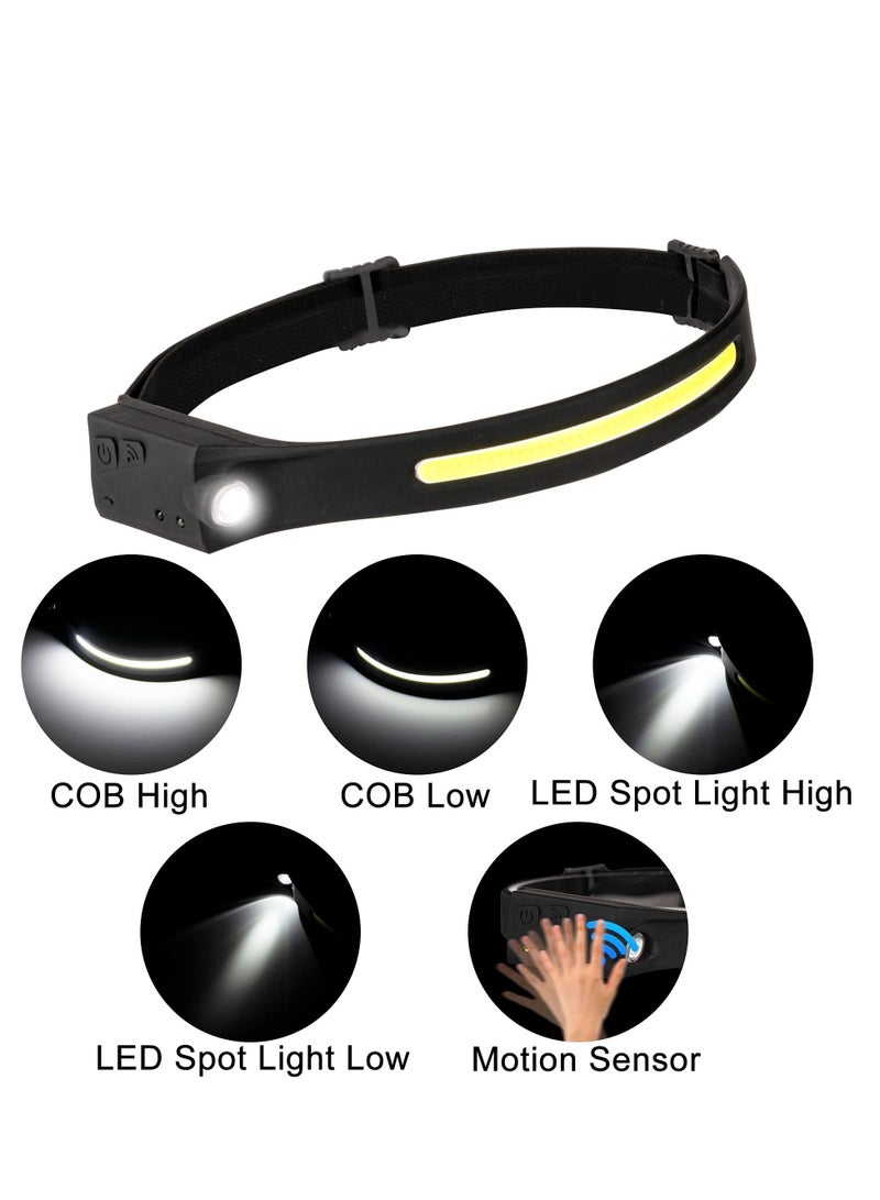 Headlamp Flashlight-Rechargeable LED 1200 Lumens 2 COB 230°Wide Beam Headlight with Motion Sensor, 5 Modes Waterproof Head Lamp for Outdoor Running Camping Hiking（2 Pack）