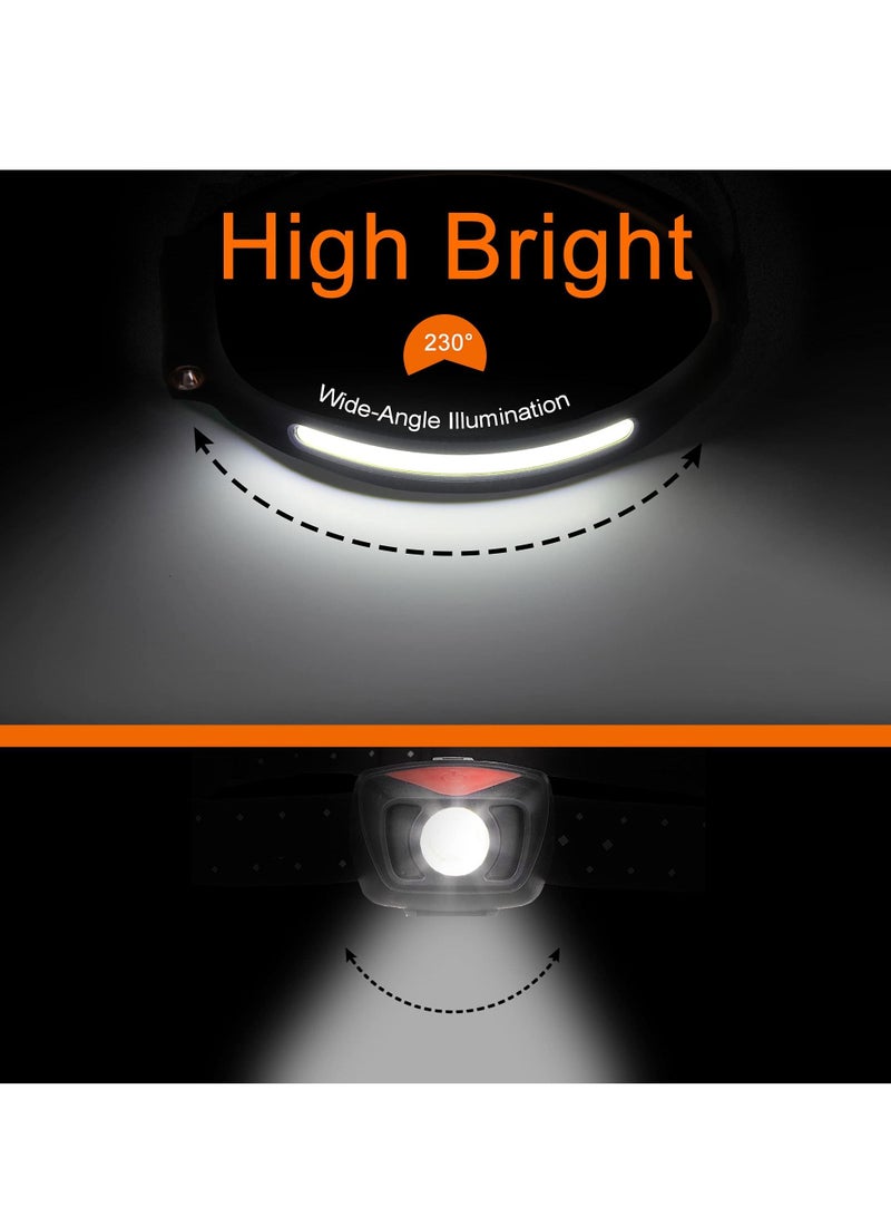 Headlamp Flashlight-Rechargeable LED 1200 Lumens 2 COB 230°Wide Beam Headlight with Motion Sensor, 5 Modes Waterproof Head Lamp for Outdoor Running Camping Hiking（2 Pack）