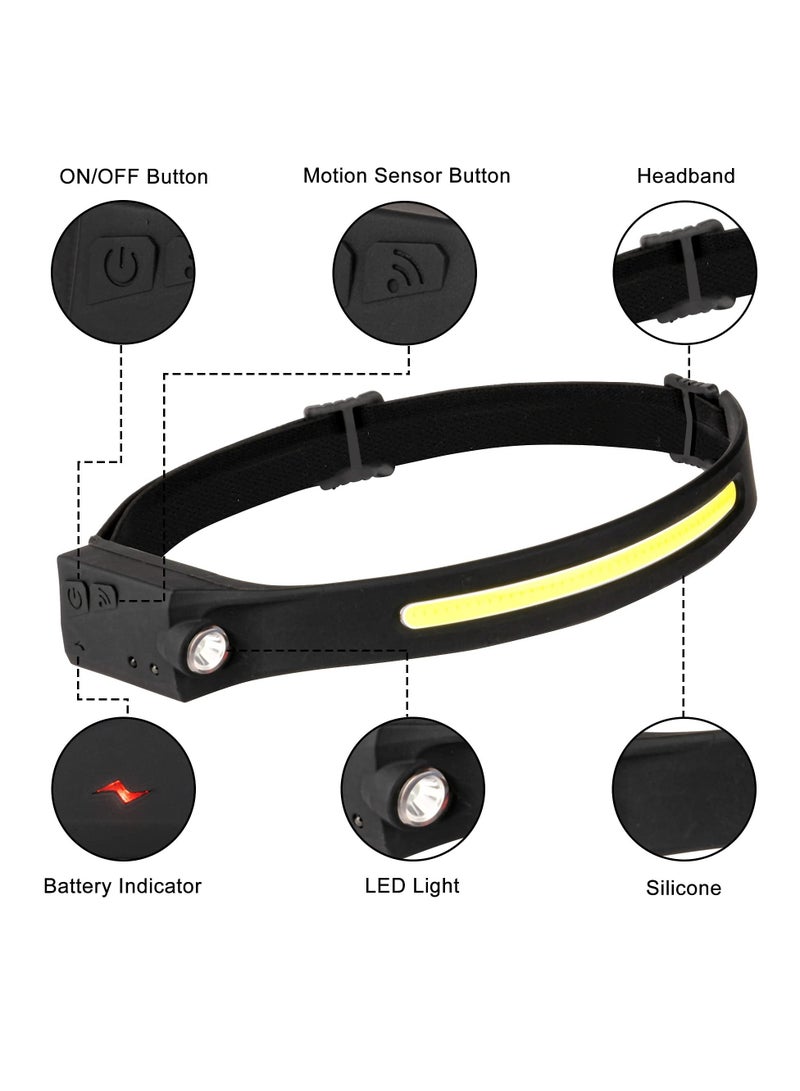 Headlamp Flashlight-Rechargeable LED 1200 Lumens 2 COB 230°Wide Beam Headlight with Motion Sensor, 5 Modes Waterproof Head Lamp for Outdoor Running Camping Hiking（2 Pack）