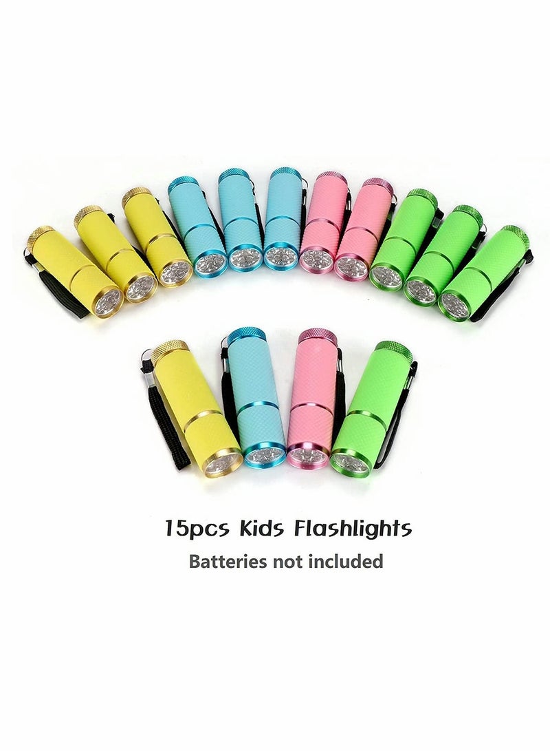 Torch, Kids Flashlights Bulk, for Thank You Gift, 3-5, 4-8, 8-12 School Class Prizes Event Giveaways Outdoor Reusable Flashlight, 15 Pack (Four colors are sent randomly)