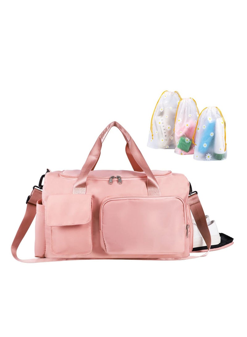 Sports Gym Bag, Foldable Overnight Weekend Bags for Men Women, Lightweight Shoulder Bag with Wet and Dry Separation Large Holdall Cabin Trave(Pink)