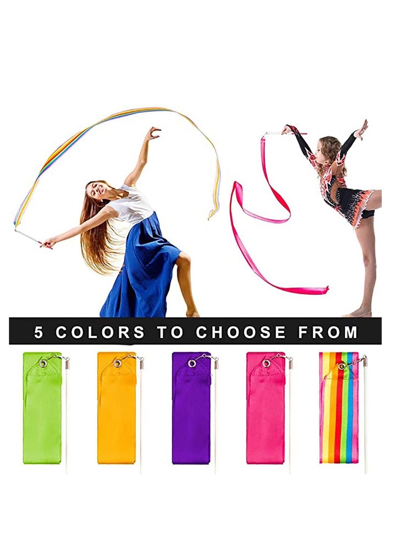 Streamers Rhythmic Dance Ribbons, 5 Pieces Rainbow Gymnastics Ribbon Baton Twirling Wands on Sticks for Kids Artistic Dancing, (Rainbow, Rose Red, Orange, Purple, Green) -- Candeer