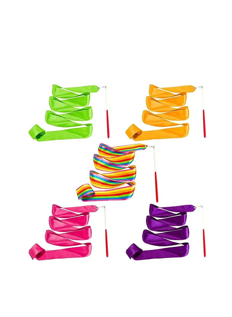 Streamers Rhythmic Dance Ribbons, 5 Pieces Rainbow Gymnastics Ribbon Baton Twirling Wands on Sticks for Kids Artistic Dancing, (Rainbow, Rose Red, Orange, Purple, Green) -- Candeer