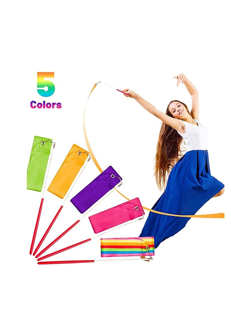 Streamers Rhythmic Dance Ribbons, 5 Pieces Rainbow Gymnastics Ribbon Baton Twirling Wands on Sticks for Kids Artistic Dancing, (Rainbow, Rose Red, Orange, Purple, Green) -- Candeer