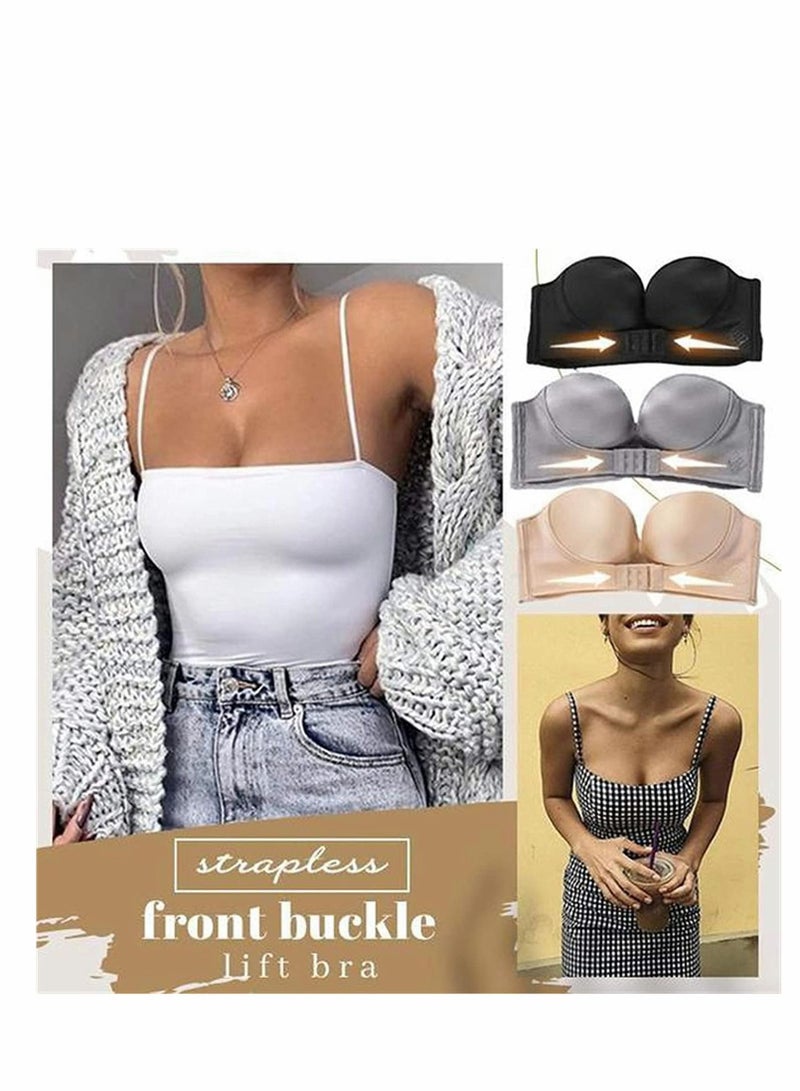 Women Strapless Front Buckle Lift Bra, Girl Push Up Adjustable Breathable Bra Invisible Wirefree Bandeau Padded Bralette Top