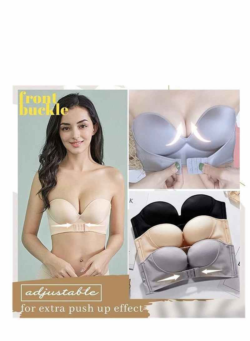 Women Strapless Front Buckle Lift Bra, Girl Push Up Adjustable Breathable Bra Invisible Wirefree Bandeau Padded Bralette Top