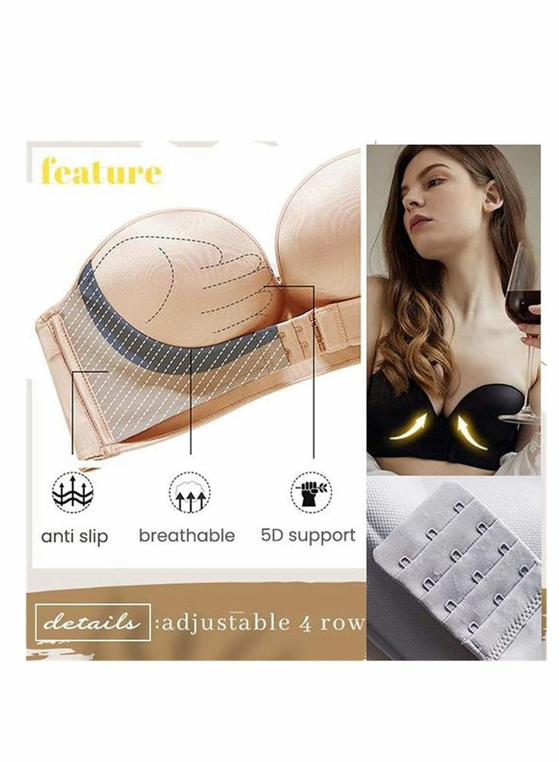 Women Strapless Front Buckle Lift Bra, Girl Push Up Adjustable Breathable Bra Invisible Wirefree Bandeau Padded Bralette Top
