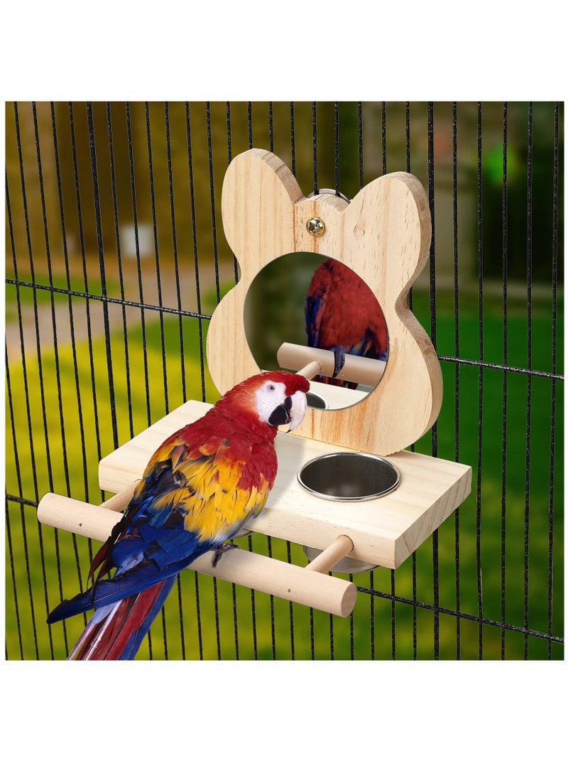 Bird Perch with Mirror and Stainless Steel Feeding Cups,Wooden Parrot Toy for Cage, Food water Feeder Perches Budgie Parakeet Lovebird African Grey Macaw Cockatiels, And Fun Play