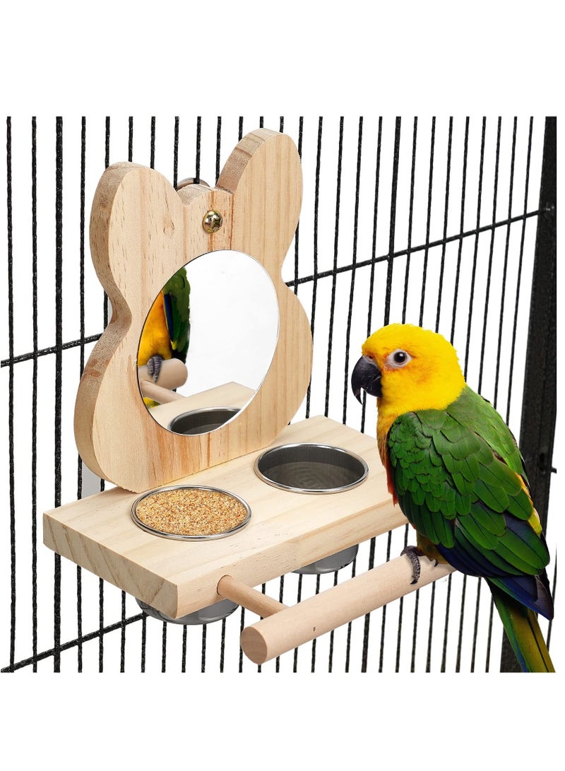 Bird Perch with Mirror and Stainless Steel Feeding Cups,Wooden Parrot Toy for Cage, Food water Feeder Perches Budgie Parakeet Lovebird African Grey Macaw Cockatiels, And Fun Play