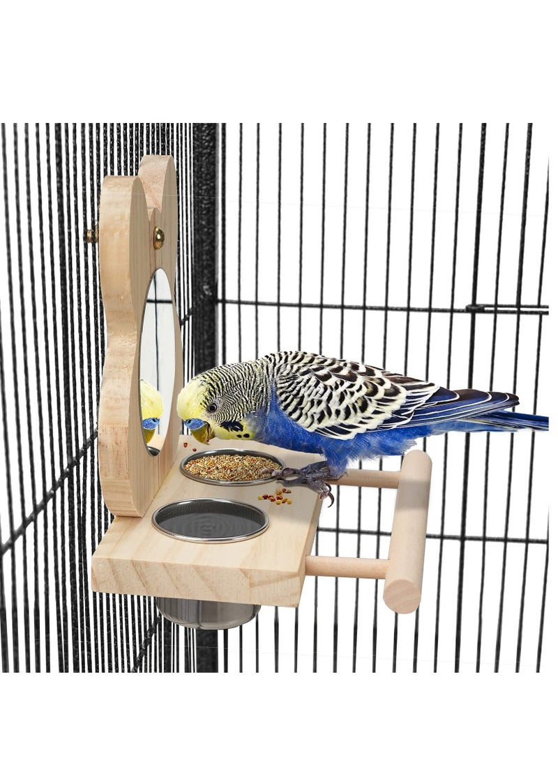 Bird Perch with Mirror and Stainless Steel Feeding Cups,Wooden Parrot Toy for Cage, Food water Feeder Perches Budgie Parakeet Lovebird African Grey Macaw Cockatiels, And Fun Play