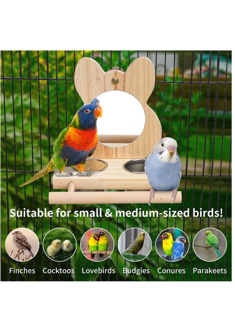 Bird Perch with Mirror and Stainless Steel Feeding Cups,Wooden Parrot Toy for Cage, Food water Feeder Perches Budgie Parakeet Lovebird African Grey Macaw Cockatiels, And Fun Play