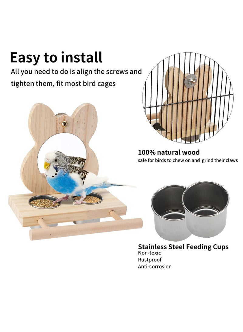 Bird Perch with Mirror and Stainless Steel Feeding Cups,Wooden Parrot Toy for Cage, Food water Feeder Perches Budgie Parakeet Lovebird African Grey Macaw Cockatiels, And Fun Play