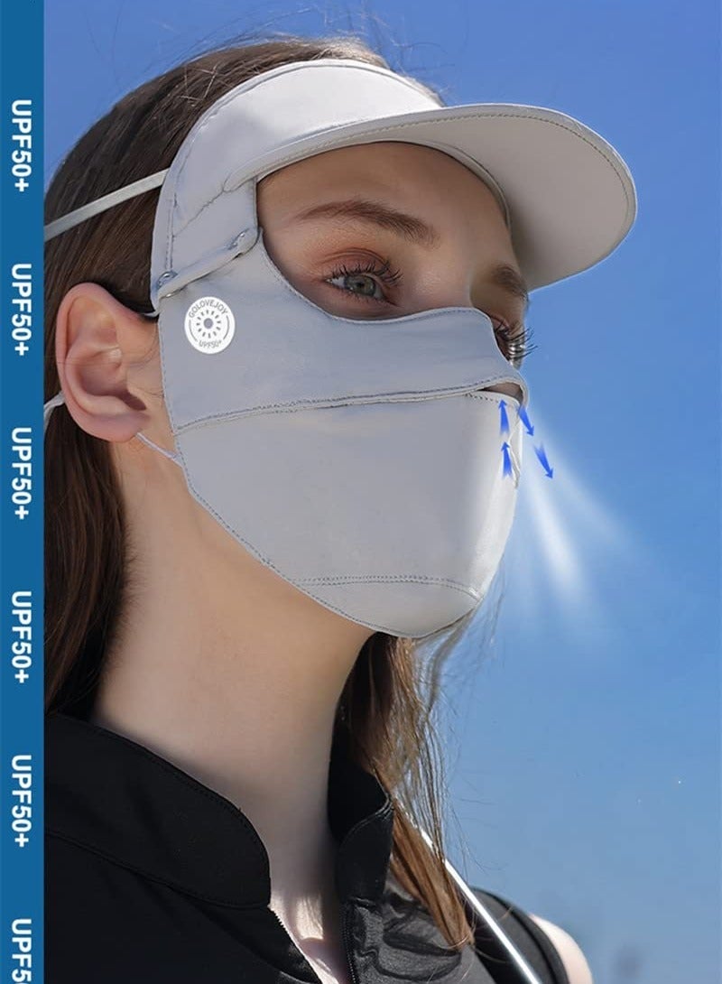 Unisex Sun Protection Face Mask, with Detachable Hat-Brim Adjustable Ear Loop, Ice Silk Cover Bandana UV for Summer Outdoor Sports, All Round (Grey)