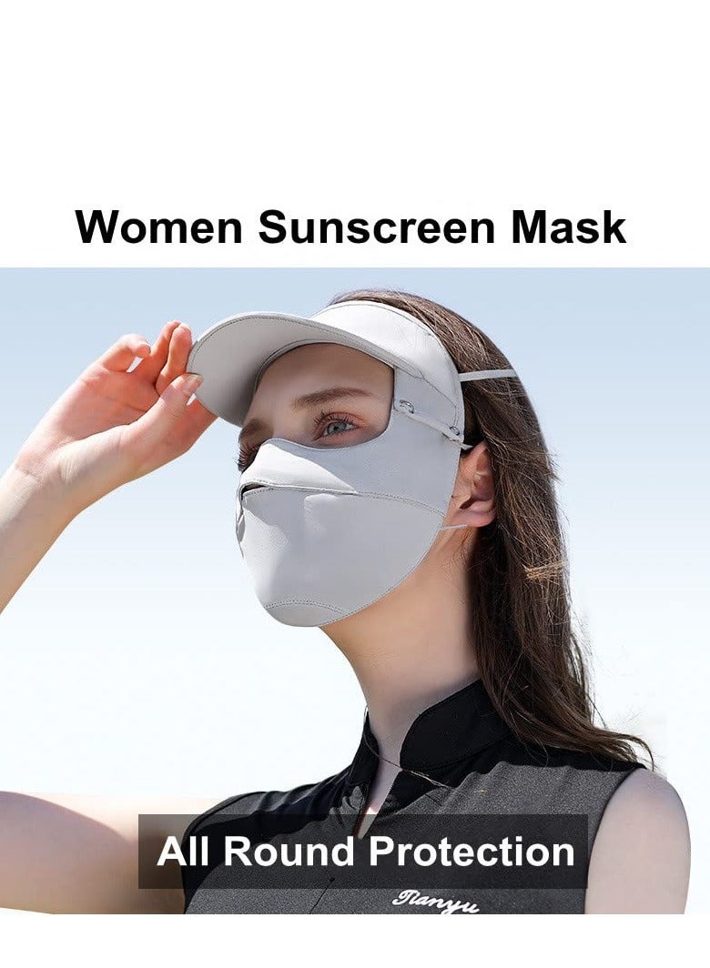 Unisex Sun Protection Face Mask, with Detachable Hat-Brim Adjustable Ear Loop, Ice Silk Cover Bandana UV for Summer Outdoor Sports, All Round (Grey)