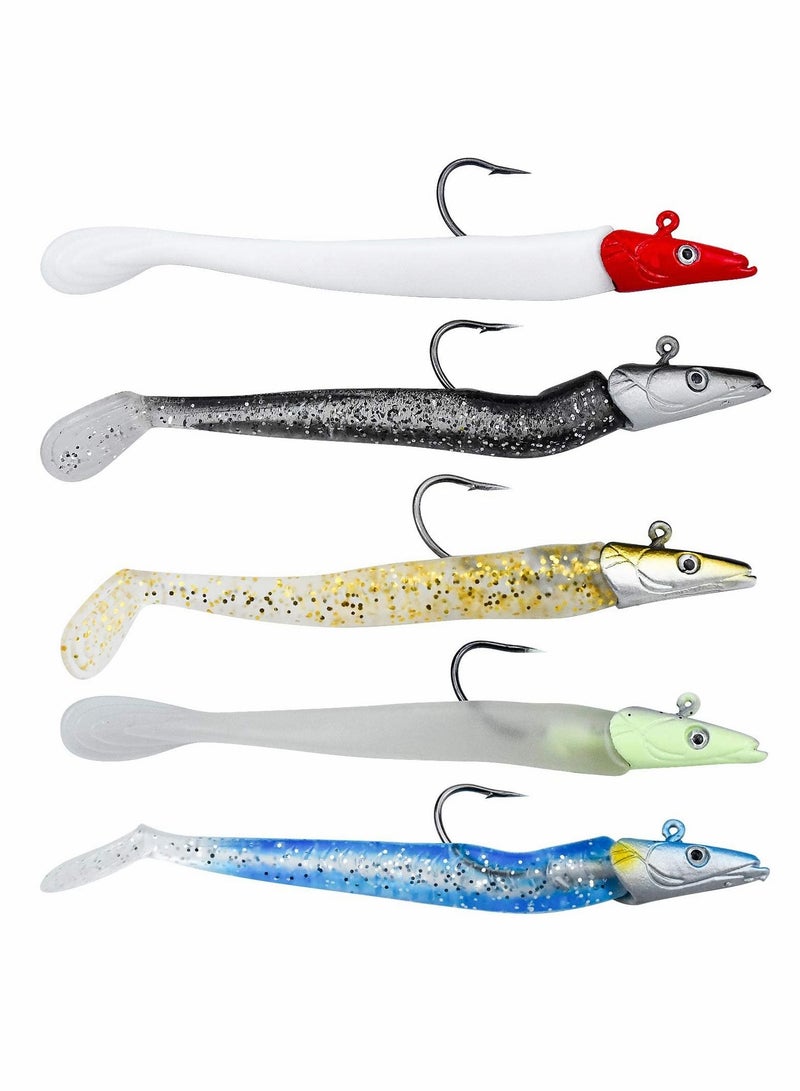 5 Pcs Soft Fishing Lures Jig Head Kit 11 CM 9 g Drop Shot Lure Single Hook Eyes Imitation Bait Fish with T Tail for pike fishing, High Power - Accessories