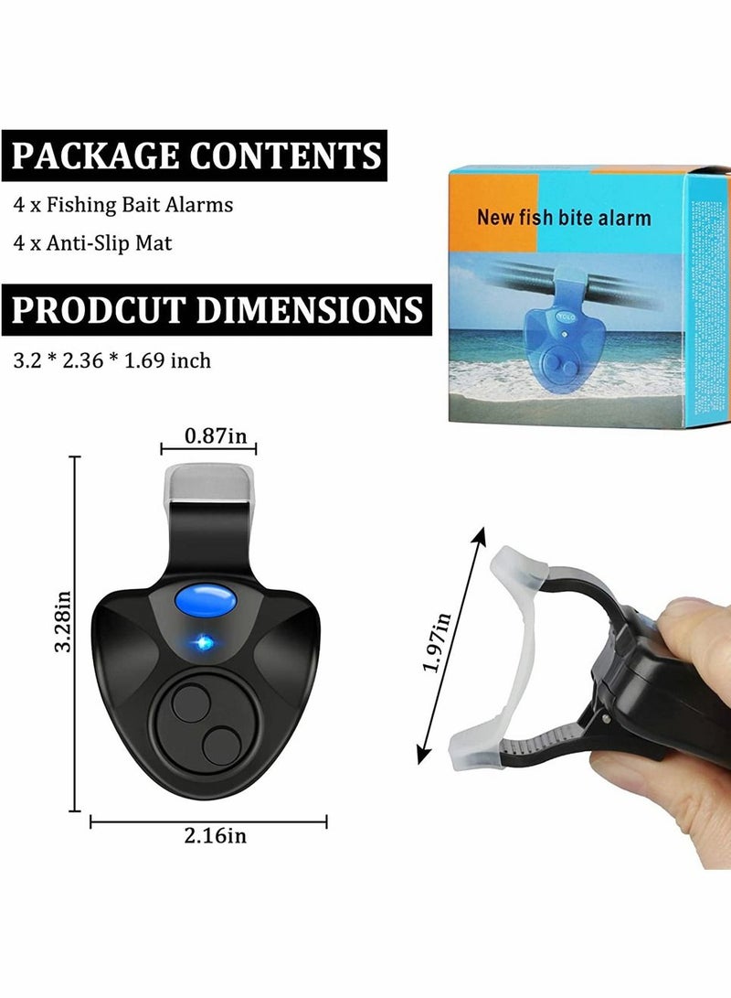 4 PCS Fishing Bite Alarm, Sensitive Electronic Sound Indicator Alert Bell with LED Lights Bells Clip On Rod, Daytime Night Carp Outdoor (Black)