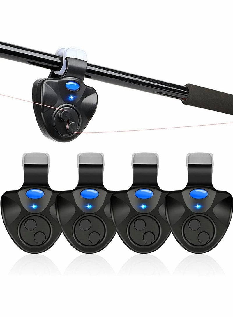 4 PCS Fishing Bite Alarm, Sensitive Electronic Sound Indicator Alert Bell with LED Lights Bells Clip On Rod, Daytime Night Carp Outdoor (Black)