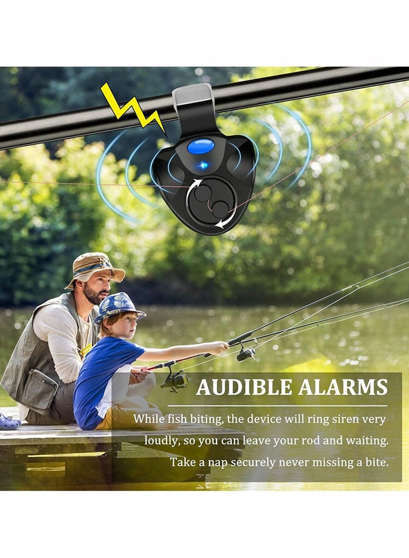 4 PCS Fishing Bite Alarm, Sensitive Electronic Sound Indicator Alert Bell with LED Lights Bells Clip On Rod, Daytime Night Carp Outdoor (Black)